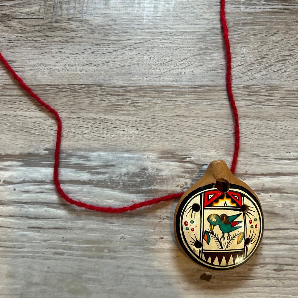 Handmade Painted Clay Whistle Necklace Bird Motif 2.5” Southwestern Folk Art